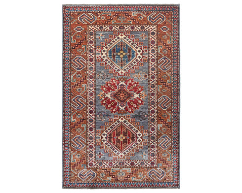 3x5 Gray Rust Kazak Afghan Hand Knotted Geometric Wool Area Rug